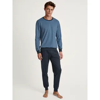 Schlafanzug CALIDA "Relax Essentials", Herren, Gr. S (46/48), blau (coronet blau), Interlock, Obermaterial: 100% Baumwolle, gemustert, unifarben, bequem lang, Rundhals, Homewear-Sets Schlafanzug, mit eingefasstem Rundhalsausschnitt