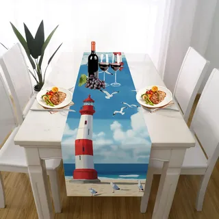 Nautisch Leuchtturm Küsten Möwe Tischläufer Einschulung Deko, Maritim Strand Tischläufer Waschbar für Sommerdeko Couchtisch Küche Esstisch Partydeko Dekoration für Zuhause 40 x 140 cm