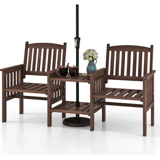 COSTWAY Gartenbank mit Tisch, 2-Sitzer Holzbank mit Schirmloch, Sitzbank aus Tannenholz bis 330 kg belastbar, Terrassenbank für Balkon, 165x60x88 cm - Braun