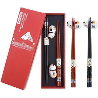 FSWWSF Sushi Essstäbchen Set 2 Paar Holz Chopsticks mit Cat Keramik-Unterleger in Premium Geschenkbox Nachhaltig Japanisch Chinesisch Koreanisch Taiwanesisch
