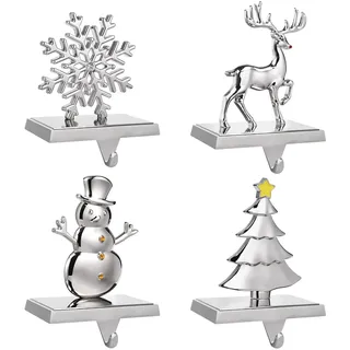 EBANKU 4er Set Weihnachts-Sockenhalter für Kamin, Metall Aufhänger Haken | Festliche Halterungen für den Kaminsims, Schneeflocke, Schneemann & Weihnachtsbaum-Design, Deko für Zuhause & Geschenkideen