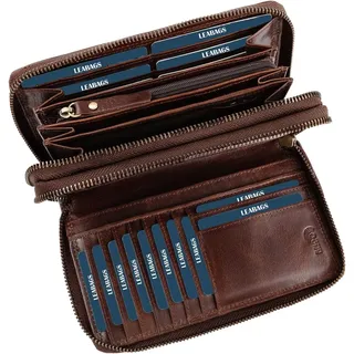 LEABAGS Leder Geldbörse Damen - XXL Portemonnaie mit RFID Schutz, Echtleder, 29 Kartenfächer, Münzfach, Doppelter Reißverschluss, Größe: 20x12x4 cm - Braun