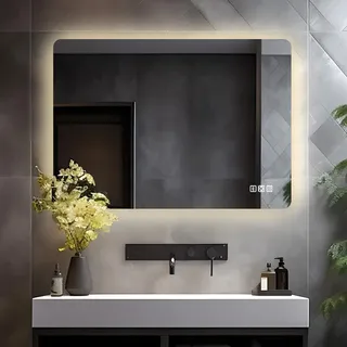 Lisa Badspiegel mit Bluetooth und Steckdose 80x60 cm, LED Badezimmerspiegel mit Beleuchtung Dimmbar 3 Lichtfarbe Antibeschlag Groß Spiegel Rückbeleuchtung Wandspiegel für Badezimmer, WC, Flur