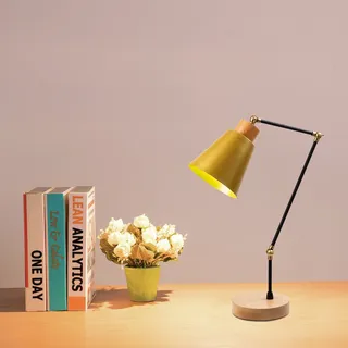 Opviq, Industrielle Tischlampe mit Metallkörper, Holzfuß, Ø 14 cm, Höhe 52 cm, E27 Fassung, max. 40 W, Kabel 200 cm, IP20, Gold | Stilvolles Design für moderne Räume. - Gold