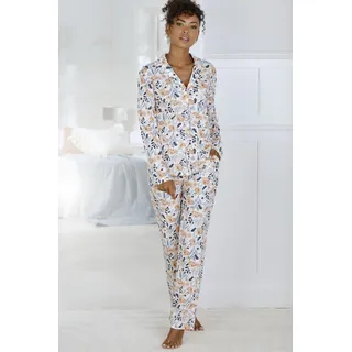 Pyjama, Damen, Gr. 32/34, rosa (rosa, blau, geblümt), Single Jersey, Obermaterial: 50% Baumwolle, 50% Viskose, VIVANCE DREAMS BY LASCANA, geblümt, klassisch lang, V-Ausschnitt, eingesetzt abgesteppte Kante, Homewear-Sets Pyjama, mit durchgehender Knopfleiste
