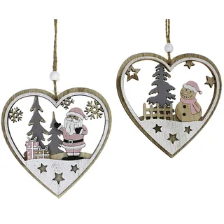 2x Deko Anhänger Herz mit Winter Motiv 11 cm, Holz natur weiß braun grau rosé, Pappelholzanhänger Holzdeko Zierschmuck Weihnachtsdeko