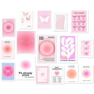 CAIJ Aesthetic Poster Set – 16pcs Rosa Wandbilder & Kunstdrucke für Clean Girl Zimmer Deko, Ästhetische Wanddeko für Wohnzimmer, Aesthetic Room Decor für Mädchen