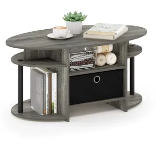 Furinno JAYA Ovaler Couchtisch mit schlichtem Design und Abfalleimer, Französische Eiche/Schwarz/Schwarz