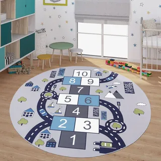 TT Home Kinderzimmerteppich Teppich Junge Mädchen Kinderteppich Baby rutschfest Straße, Farbe: Grau, Größe:160 cm Rund