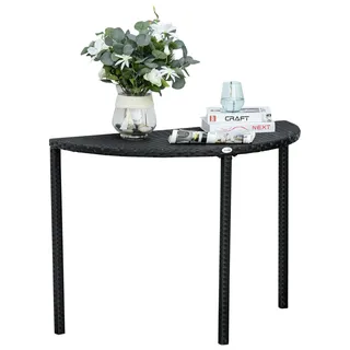 Halbrunder Balkontisch aus Polyrattan & Metall Schwarz 100x50x74cm – Platzsparender Garten-Beistelltisch für Terrasse & kleine Außenbereiche