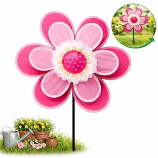 Blumenstecker für den Garten – Rosa & Hellrosa – Windmühle 112 cm – Windspiel Gartendekoration – Drehbare Gartenmühle - Rosa