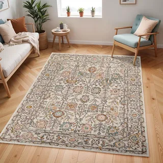 Livabliss Wicklow Vintage groß - Orientalischer Wohnzimmer 200x275 cm, Esszimmer, Schlafzimmer - Boho Kurzflor e für einfache Pflege - Elfenbein und Rosa