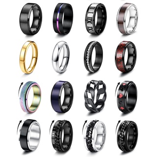 Adramata 16 Stück Ringe Herren Edelstahl Ringe Set Angstringe Coole Band Ringe Anxiety Ringe Silber Schwarze Ring für Männer Spinner Ring Fidget Ring für Anti Stress