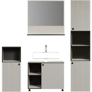 trendteam smart living - PureBliss - Badezimmer Komplettset (WBU + Spiegel 60cm + Standschrank + Hochschrank) - Hellgau/Kashmir - Rillenoptik - Aufbaumaß (BxHxT) 180 x 186 x 42cm - Metallgriffe