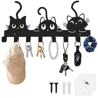 Sauntere Schlüsselbrett Modern Metall Katzenmotiv Schwarz, 8-Haken Schlüsselhalter Wandgarderobe, Schlüsselaufbewahrung Deko für Flur Eingangsbereich Wohnzimmer als Katzen Deko & Organizer