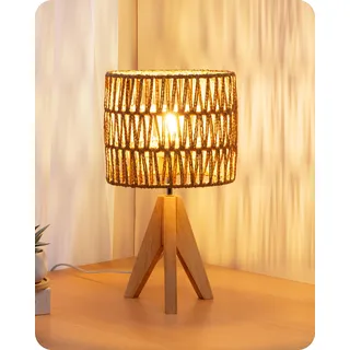EDISHINE Nachttischlampe, LED Tischlampe mit handgewebtem Seil-Lampenschirm & Massivholz-Stativ, 2700K Warmweiß, Boho Tischleuchte für Schlafzimmer, Wohnzimmer und Hotel, inkl. E27 4W Glühbirne