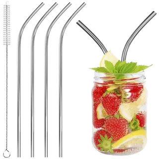 Intirilife Trinkhalme aus Edelstahl - 20.5 cm Länge / 0.6 cm Durchmesser - 4x Metall Strohhalme mit Reinigungsbürste Silber Wiederverwendbar