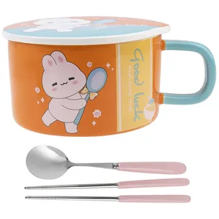 lachineuse - Nudelschüssel Instant – Asiatische Ramenschale – Porzellan – Motiv Kaninchen – 1000 ml – mit Deckel und Besteck – Frühstück, Suppe, Reis – Geschenkidee Asien Japan China – Orange