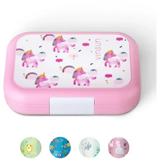 VINSUN Lunchbox für Kinder mit 4 Fächern - Auslaufsicher, BPA frei, spülmaschinengeeignet - Rosa Bento Box mit Einhorn Motiv für Kindergarten, Grundschule, Ausflüge