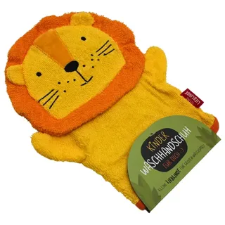 Dekohelden24 Waschhandschuh/Waschlappen/Kinder-Waschhandschuh mit Schlaufe, Motiv: Löwe, 100% Baumwolle, Größe H/B ca. 24 x 19 cm