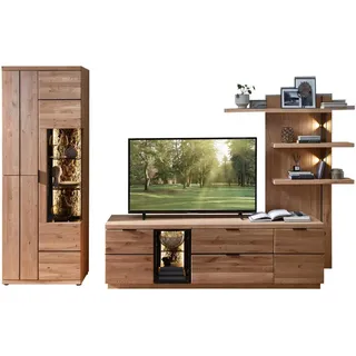 Linea Natura Wohnwand , Schwarz, Wildeiche , Metall , Wildeiche, Kork , furniert, massiv , 3 Glasböden 11 Holzböden Fächer , 1 Schubladen , 310x207x50 cm , Beimöbel erhältlich , Wohnzimmer, Wohnwände, Komplette Wohnwände