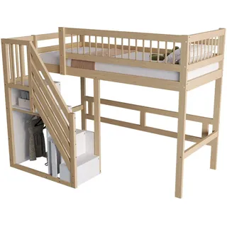 Stilvora Hochbett 90/200 cm in Natur Kinderbett mit Aufbewahrungstreppe und Stauraum , Naturfarben , Holz , 90x200 cm , Babymöbel & Kindermöbel, Kinderzimmer & Jugendzimmer, Kinderbetten, Hochbetten