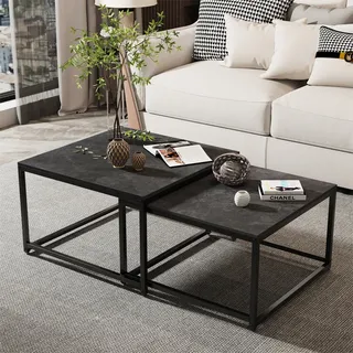 WISFOR 2er Set Couchtisch mit Eisengestell, Satztisch Marmor Optik, Kaffeetisch Sofatisch Wohnzimmertisch Modern, schwarz - Schwarz