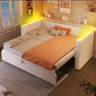Tagesbett, Daybett, Schlafsofa 90 × 200 cm/180 × 200 cm, multifunktionales Ausziehbett-Design mit LED-Lichtleiste, Samt, Beige - Beige