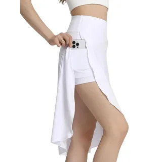 Bezioner Hosenrock Damen Sommer Midirock Tennisrock mit Hose Taschen HoherTaille Golfrock Sportrock mit Schlitz Rüschensaum Weiß L
