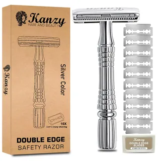 Kanzy Rasierhobel Herren und Damen mit 10 Klingen Edelstahl, Nassrasierer Sicherheitsrasierer arbeitet mit allen Doppelkante Rasierer Klingen Safety Razor Set