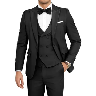SPTALLFITJSV Herren-Smoking-Set, schmale Passform, 3-teilig, für Hochzeit, Abschlussball, Abendessen, Smoking für Herren, zweireihiges Anzug-Set mit Fliege, Schwarz, M