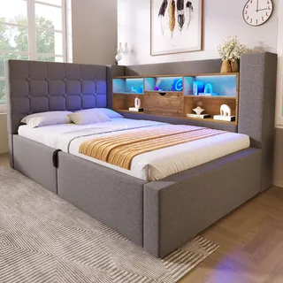 okwish  L-förmiges Schlafsofa 90x200 Einzelbett mit LED-Beleuchtung und offenen Staufächern an der Rückwand,Jugendbett Daybett mit Bettkasten,Grau (mit Matratze) - Grau