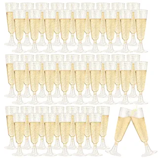 AKOLAFE 50 Stück Sektgläser Plastik 150ml Sektgläser Kunststoff Mehrweg Sektglas Gold BPA-frei Sektglas Stapelbare Champagnergläser mit Pailletten für Hochzeiten, Geburtstage, Party