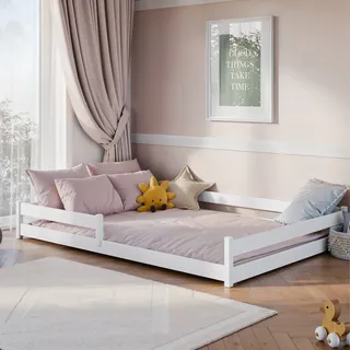Kinderbett Bodenbett Bett mit Rausfallschutz & Lattenrost Montessori Bett Kinder Jugendbett Einzelbett optional mit Matratze | weiß Kiefer 140x200 cm - Weiß