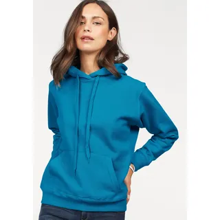 Kapuzensweatshirt FRUIT OF THE LOOM "Classic hooded Sweat Lady-Fit", Damen, Gr. S (36), blau (türkis), Sweatware, Obermaterial: 80% Baumwolle, 20% Polyester, unifarben, figurumspielend hüftlang, Rundhals, Bündchen, Sweatshirts Kapuzensweatshirt, mit Kängurutaschen