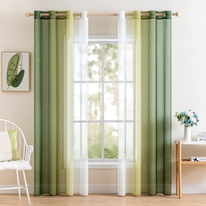 MIULEE Set of 2 Voile Curtains, Two-Tone Curtain with Eyelets, Transparent Curtain, Eyelet Curtain, Translucent Window Scarf for Bedroom 140 x 160 cm,Olive Green