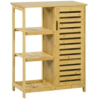 kleankin Badezimmerschrank Badschrank mit Schrankfach, 3 Offenen Ebenen, Toilettenschrank mit Kippschutz, Beistellschrank für Bad, Bambus, Natur, 66L x 33B x 87H cm