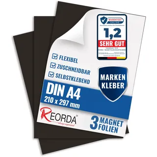 Reorda Magnetfolie DIN A4 selbstklebend 3er Set - Magnetpapier mit starkem Marken-Kleber - Magnetplatte zuschneidbar für Kühlschrank, Tafeln & Poster - Magnetische Folie selbstklebend für's Basteln
