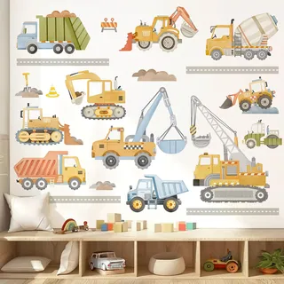 wondever Wandtattoo Kinderzimmer Junge Fahrzeuge Wandaufkleber Bagger Baufahrzeuge Traktor Auto Wandsticker Wanddeko für Kinderzimmer Babyzimmer Junge Spielzimmer
