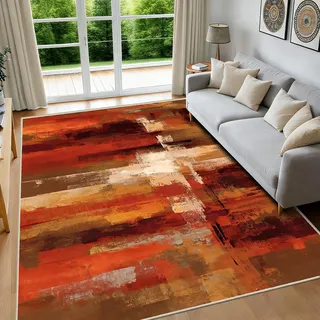 FTCJWL Waschbarer Teppich Wohnzimmer 160x230cm Orange Teppich Kurzflor Moderner Weicher Rugs for Living Room Schlafzimmer Esszimmer Jugendzimmer Kinderzimmer (Braun Orange Rot)