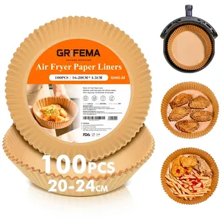 GRIFEMA Heißluftfritteuse Backpapier, Rund Airfryer Backpapier 100 Stück, 20-24cm, BPA-Frei, Ungebleicht, Antihaft Wasserdicht Ölfest, 5-8 L Körbe, Airfryer Papier für Ofen, Mikrowellen, Backen