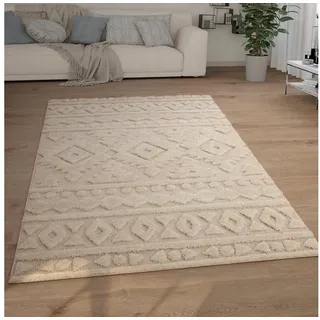 Paco Home Hochflor Teppich Wohnzimmer Shaggy 3D Optik Ethno Boho Vintage Look Weich, Grösse:120x160 cm, Farbe:Creme 6
