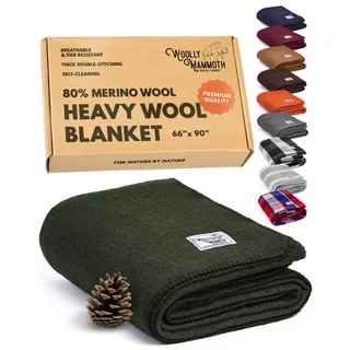 Woolly Mammoth Wolldecke Explorer-Kollektion - 167 x 230 cm, 80% Merinowolle, Olivgrün - Robuste Campingdecke & Outdoordecke - Stylische Boho-Picknickdecke - Dicke Thermodecke