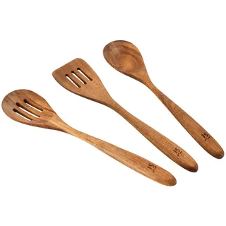 San Ignacio Compact - 3 Stück Küchenutensilien Set - aus Akazienholz - 1 Schaumlöffel 33cm + 1 fester Löffel 32cm + 1 Schaumlöffelacm - Gute Qualität