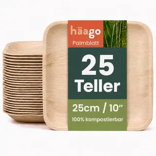 HAAGO 25 quadratische Palmblatt-Teller, 25 cm – stabile Einwegteller für warme & kalte Speisen, Party & Grillen – kompostierbar, für Mikrowelle, Backofen & Gefrierschrank, Holzteller-Optik