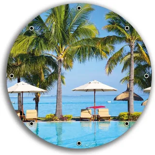 Wallario rundes Outdoor-Poster für Garten oder Balkon, Motiv Sonnenschirme am Südsee-Palmenstrand mit blauem Meer-Wasser, 30 cm Durchmesser - Schwarz