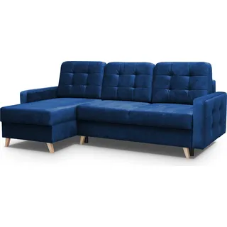 Skandinavisches Ecksofa VINCI mit Schlaffunktion, Velour Polsterecke universelle Schlafsofa (Marineblau) - Blau
