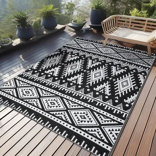 Homaxy Outdoor Teppich Wetterfest, Kunststoff Stroh Faltbar Waschbar UV-beständig Wendbar Balkon Garten Teppich für Terrasse Camping Picknick (120 x 180 cm, Schwarz & Weiß)
