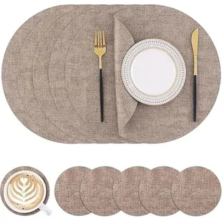 Homaxy Tischsets Abwaschbar, Rund Doppelseitig Abwischbar Wasserdicht rutschfest Platzset, Kunstleder Hitzebeständige Platzdeckchen mit Untersetzer (6er Set, Braun)