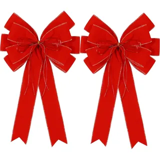 2 rote Weihnachtsschleifen für den Außenbereich, 30,5 x 50,8 cm, große Samtkranzschleife mit Glitzerschnur, Goldrand, für Weihnachtsbaumspitze, Heimdekoration, Haustürdekoration
